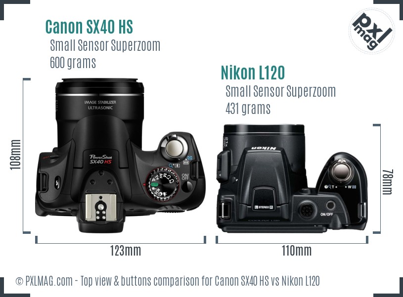 Canon SX40 HS vs Nikon L120 top view buttons comparison