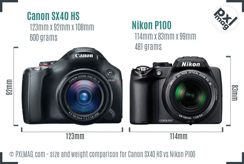 Canon SX40 HS vs Nikon P100 size comparison