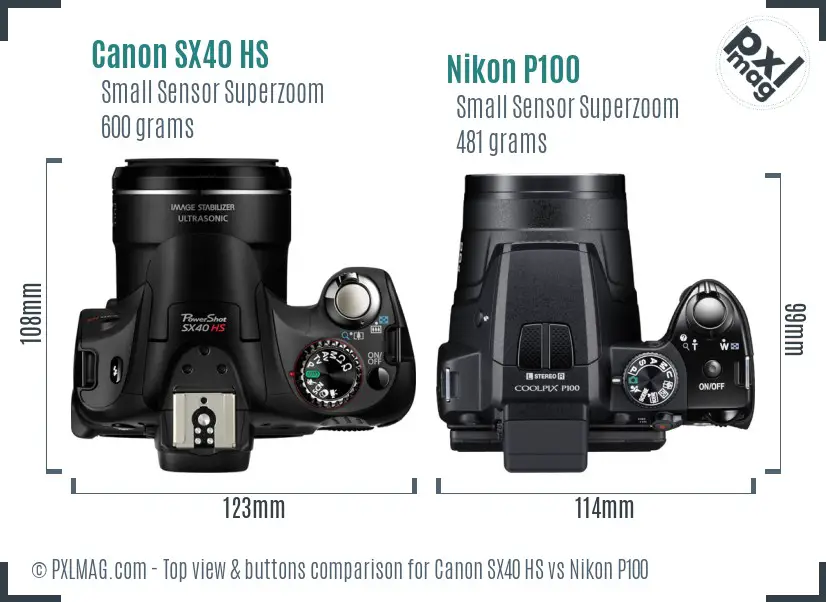 Canon SX40 HS vs Nikon P100 top view buttons comparison