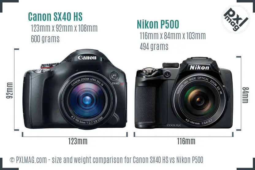 Canon SX40 HS vs Nikon P500 size comparison
