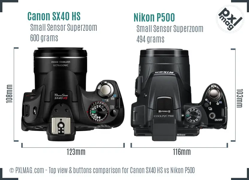 Canon SX40 HS vs Nikon P500 top view buttons comparison