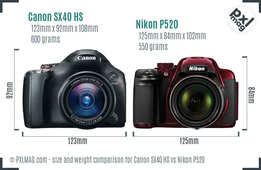 Canon SX40 HS vs Nikon P520 size comparison