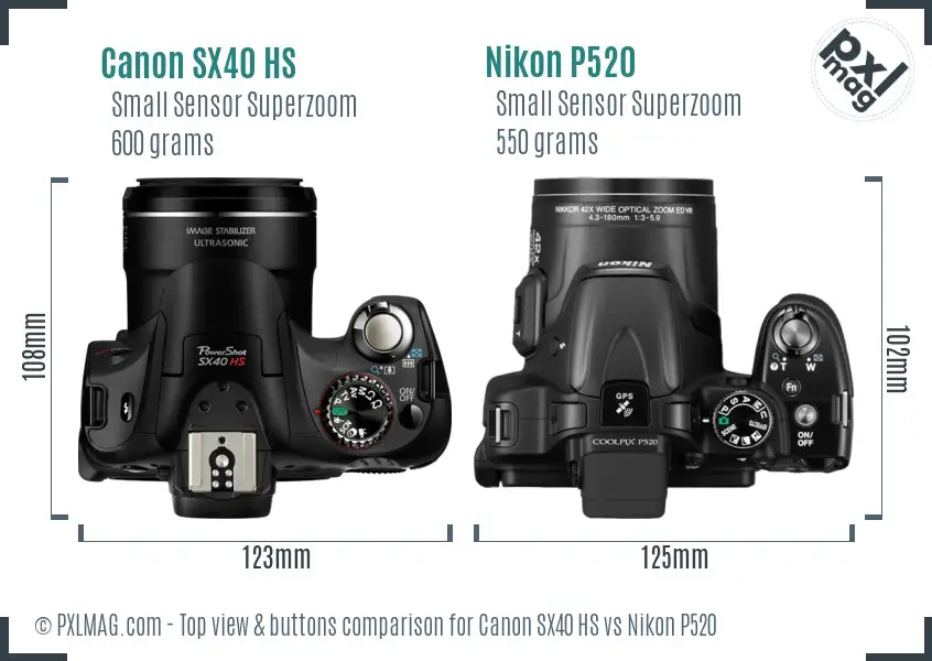 Canon SX40 HS vs Nikon P520 top view buttons comparison