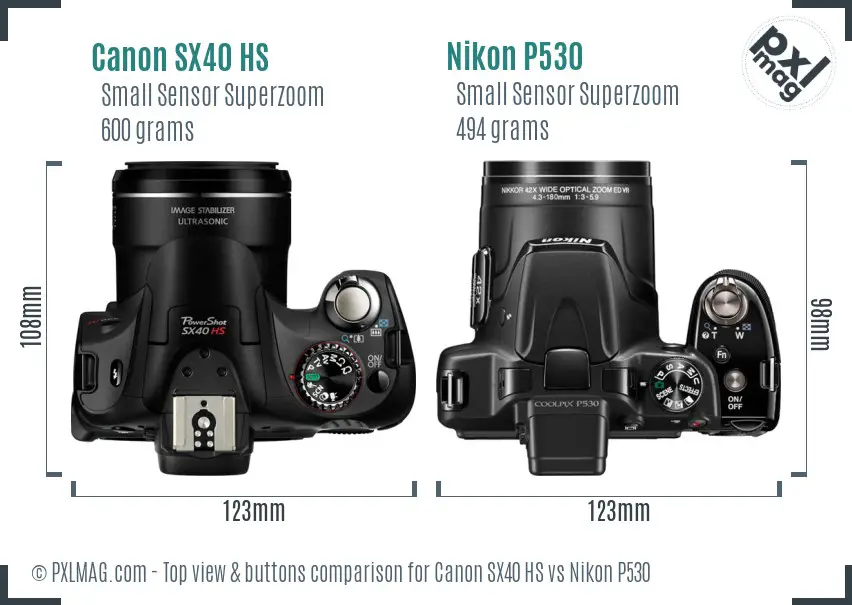 Canon SX40 HS vs Nikon P530 top view buttons comparison Canon SX40 HS vs Nikon P530 top view buttons comparison