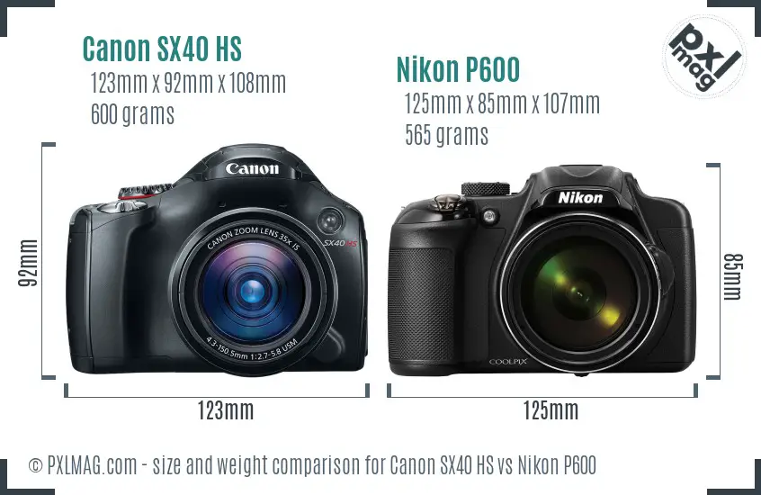 Canon SX40 HS vs Nikon P600 size comparison