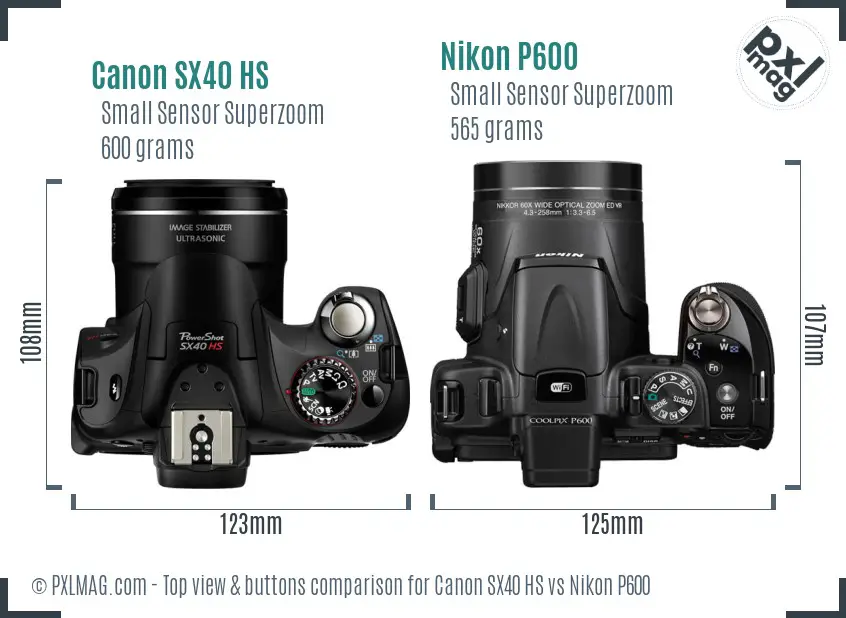 Canon SX40 HS vs Nikon P600 top view buttons comparison