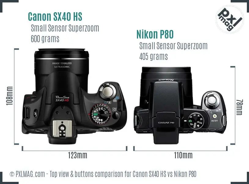 Canon SX40 HS vs Nikon P80 top view buttons comparison