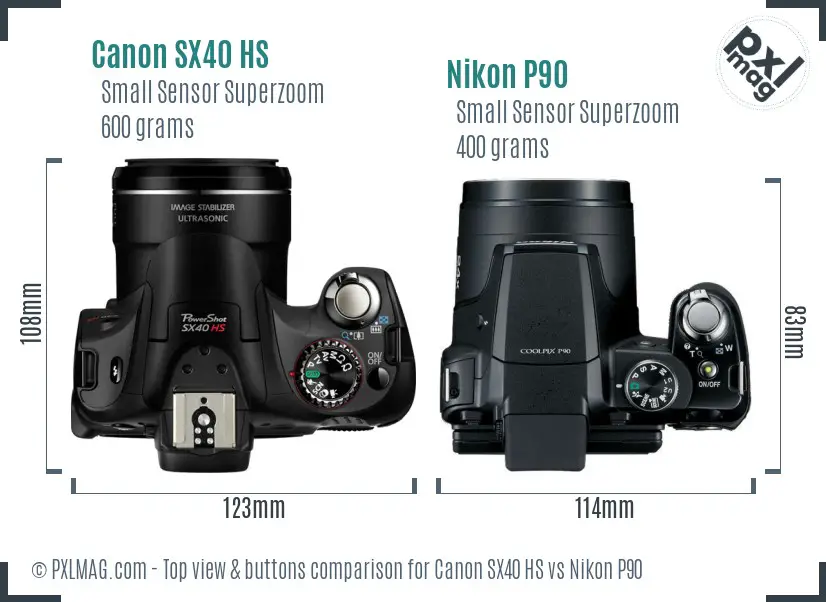 Canon SX40 HS vs Nikon P90 top view buttons comparison