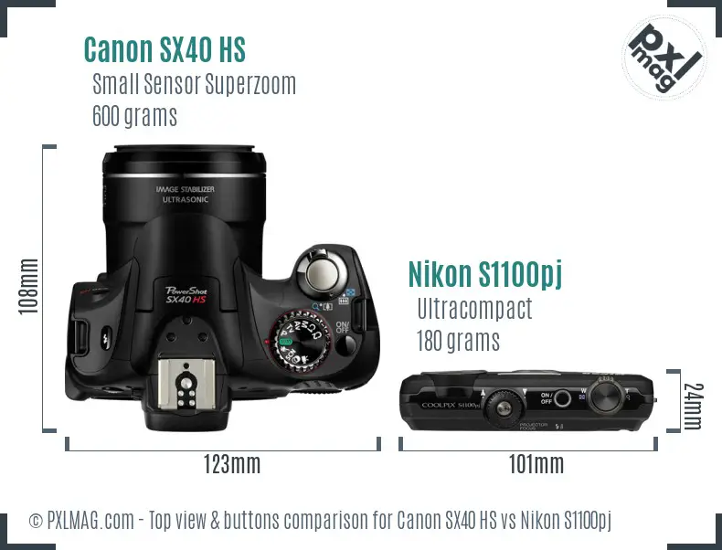 Canon SX40 HS vs Nikon S1100pj top view buttons comparison