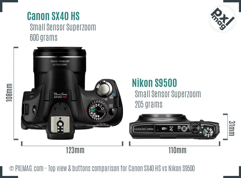 Canon SX40 HS vs Nikon S9500 top view buttons comparison