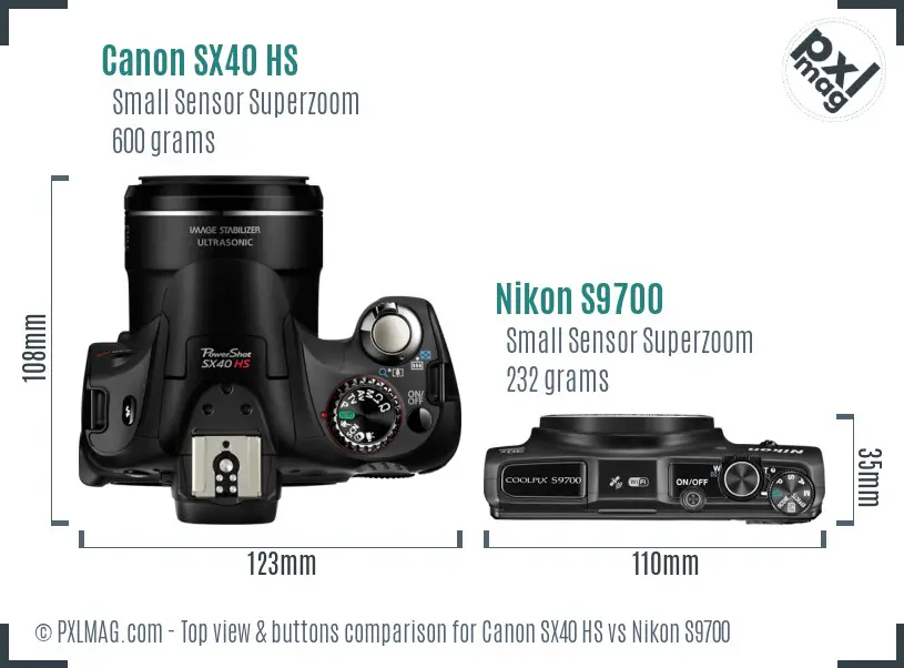 Canon SX40 HS vs Nikon S9700 top view buttons comparison