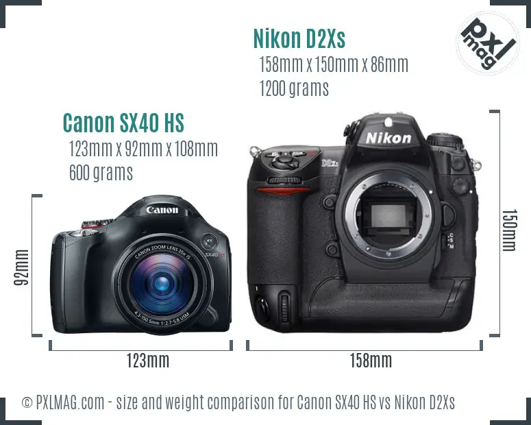 Canon SX40 HS vs Nikon D2Xs size comparison