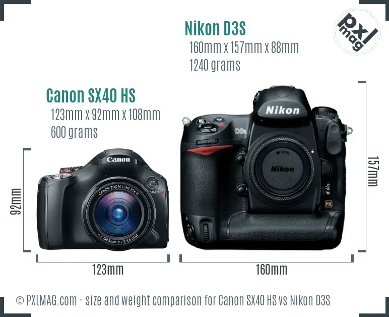 Canon SX40 HS vs Nikon D3S size comparison