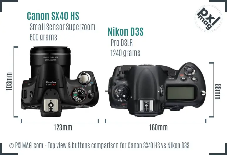 Canon SX40 HS vs Nikon D3S top view buttons comparison