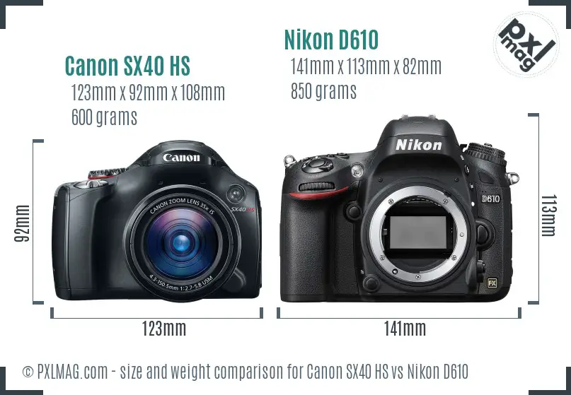 Canon SX40 HS vs Nikon D610 size comparison