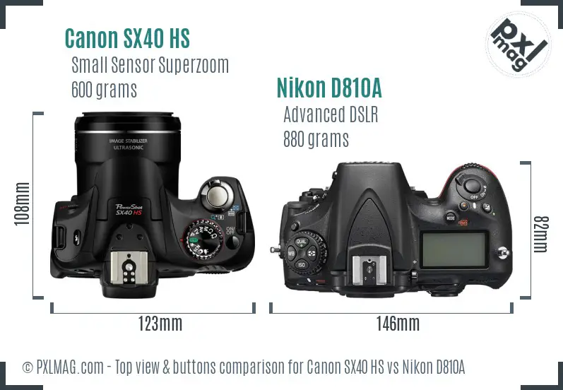 Canon SX40 HS vs Nikon D810A top view buttons comparison