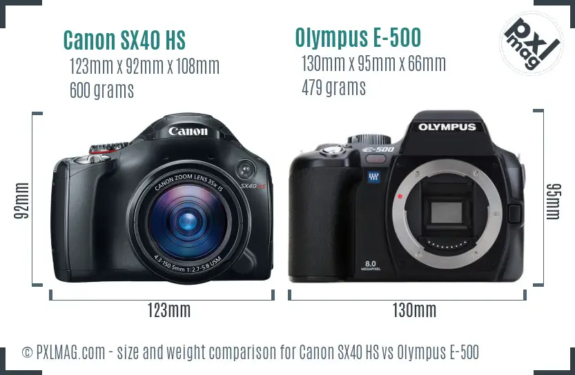 Canon SX40 HS vs Olympus E-500 size comparison
