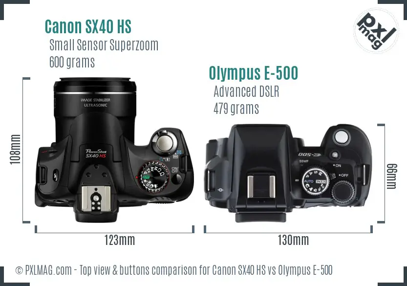 Canon SX40 HS vs Olympus E-500 top view buttons comparison