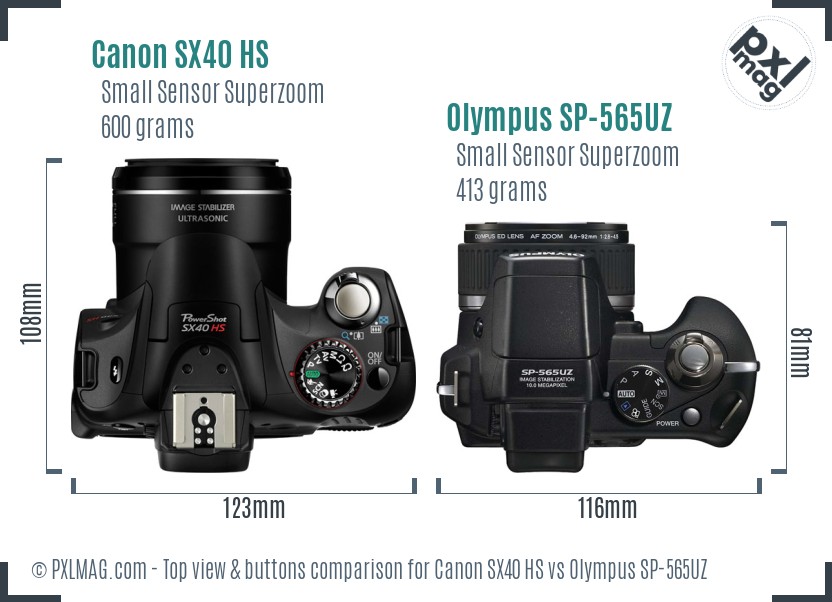 Canon SX40 HS vs Olympus SP-565UZ top view buttons comparison