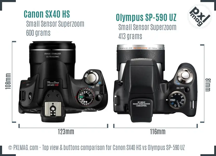 Canon SX40 HS vs Olympus SP-590 UZ top view buttons comparison Canon SX40 HS vs Olympus SP-590 UZ top view buttons comparison
