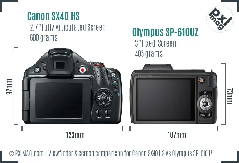 Canon SX40 HS vs Olympus SP-610UZ Screen and Viewfinder comparison