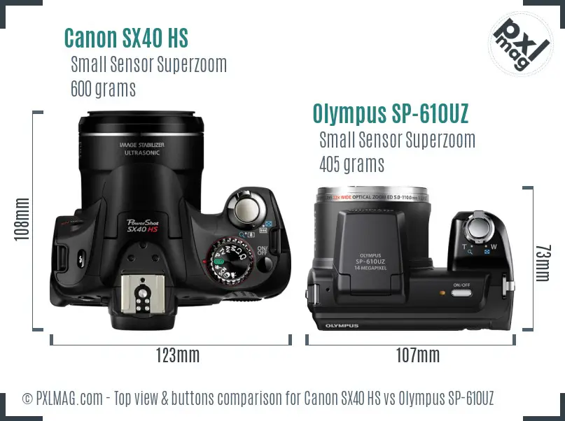 Canon SX40 HS vs Olympus SP-610UZ top view buttons comparison