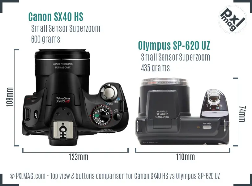 Canon SX40 HS vs Olympus SP-620 UZ top view buttons comparison