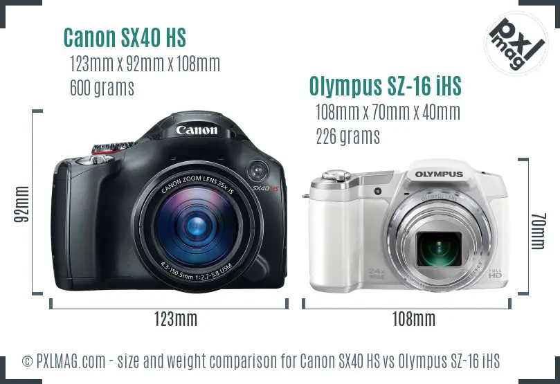Canon SX40 HS vs Olympus SZ-16 iHS size comparison