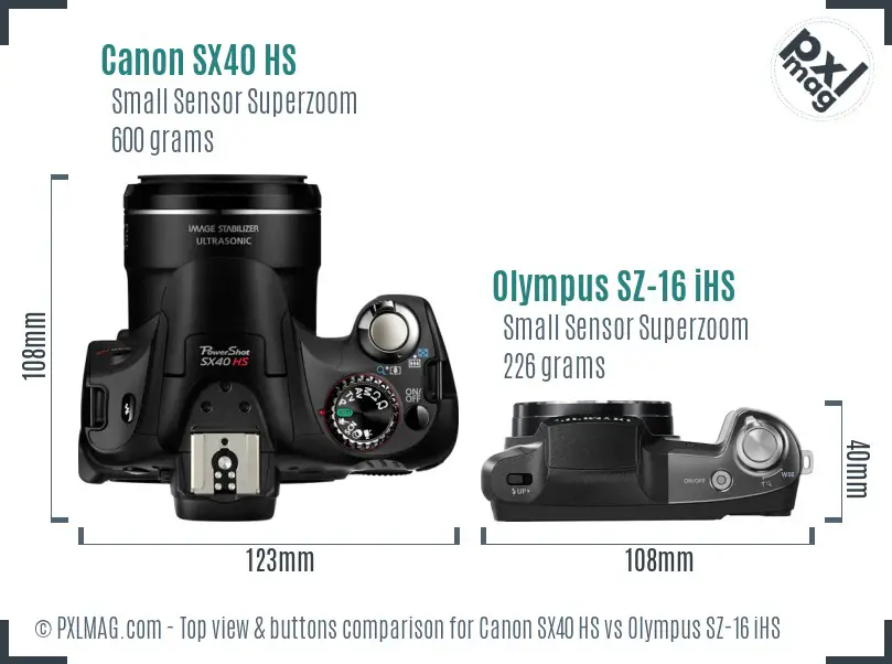 Canon SX40 HS vs Olympus SZ-16 iHS top view buttons comparison