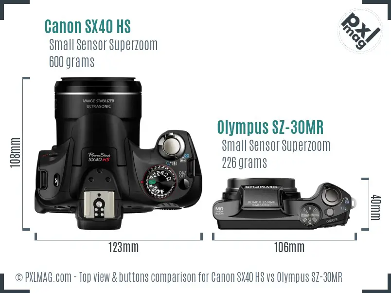 Canon SX40 HS vs Olympus SZ-30MR top view buttons comparison