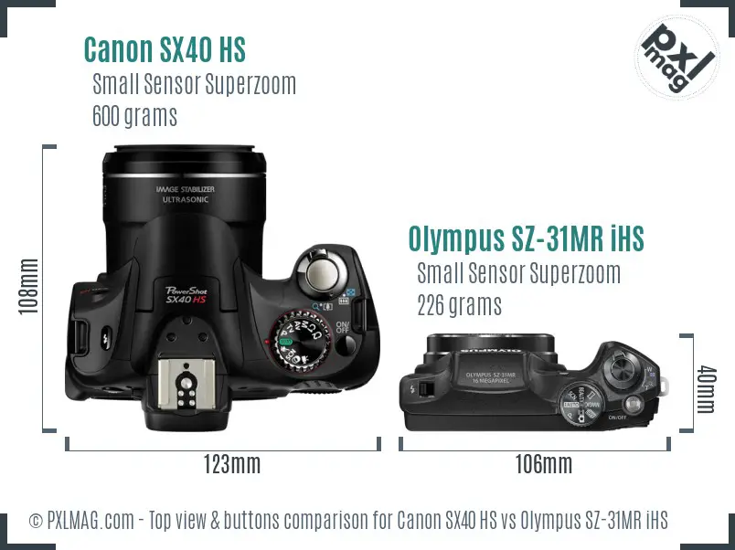 Canon SX40 HS vs Olympus SZ-31MR iHS top view buttons comparison