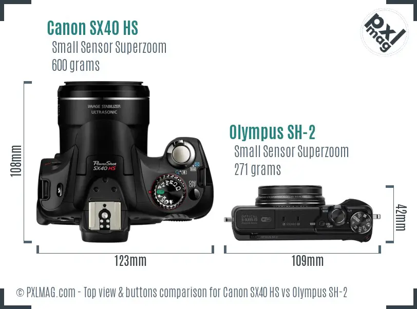 Canon SX40 HS vs Olympus SH-2 top view buttons comparison Canon SX40 HS vs Olympus SH-2 top view buttons comparison