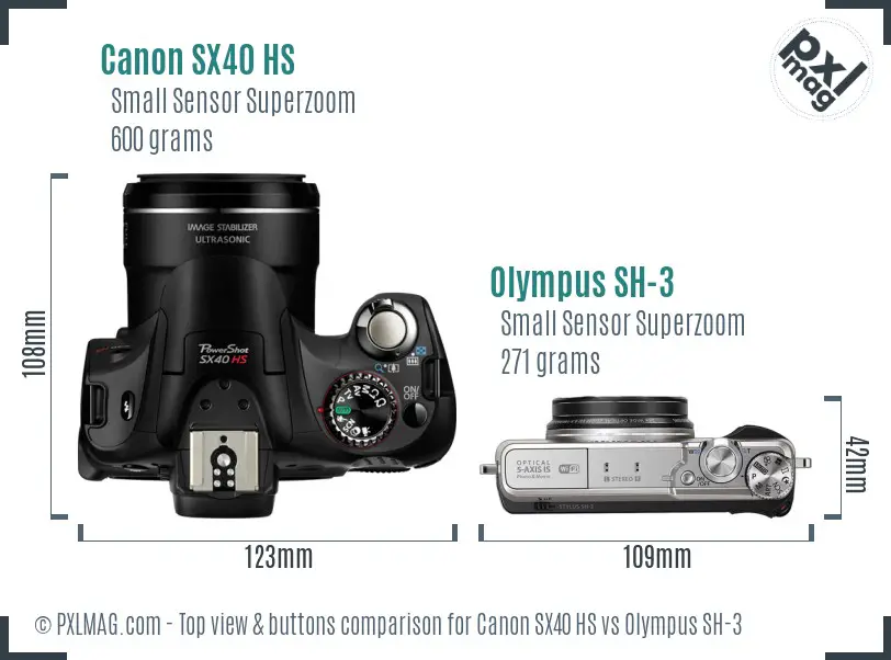 Canon SX40 HS vs Olympus SH-3 top view buttons comparison Canon SX40 HS vs Olympus SH-3 top view buttons comparison