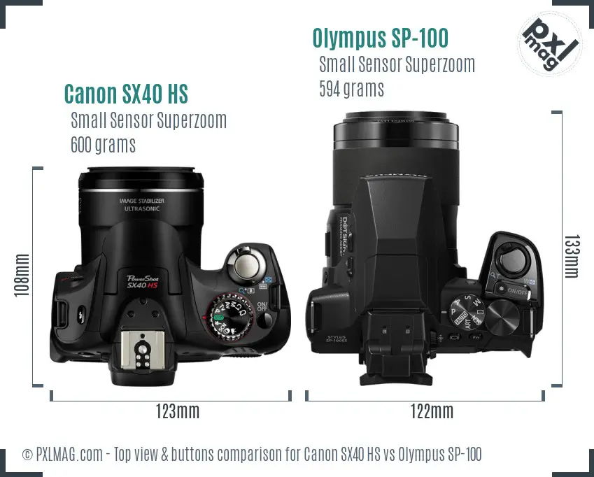 Canon SX40 HS vs Olympus SP-100 top view buttons comparison