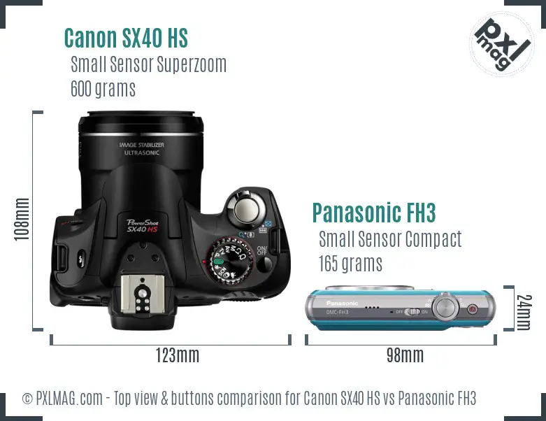 Canon SX40 HS vs Panasonic FH3 top view buttons comparison