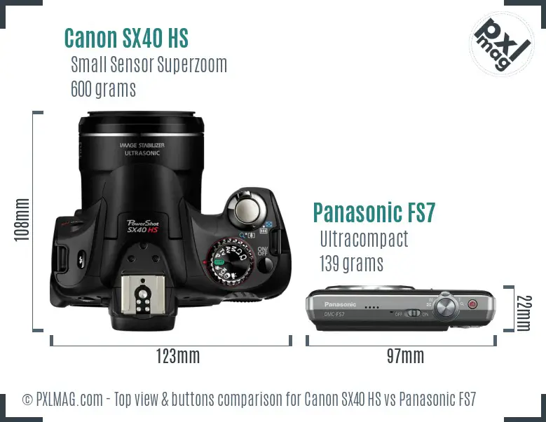 Canon SX40 HS vs Panasonic FS7 top view buttons comparison