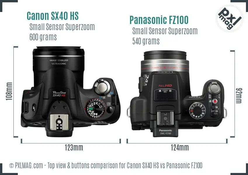 Canon SX40 HS vs Panasonic FZ100 top view buttons comparison