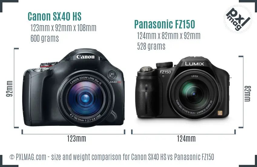 Canon SX40 HS vs Panasonic FZ150 size comparison