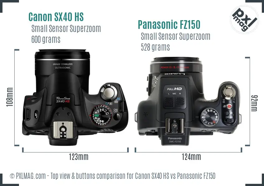 Canon SX40 HS vs Panasonic FZ150 top view buttons comparison