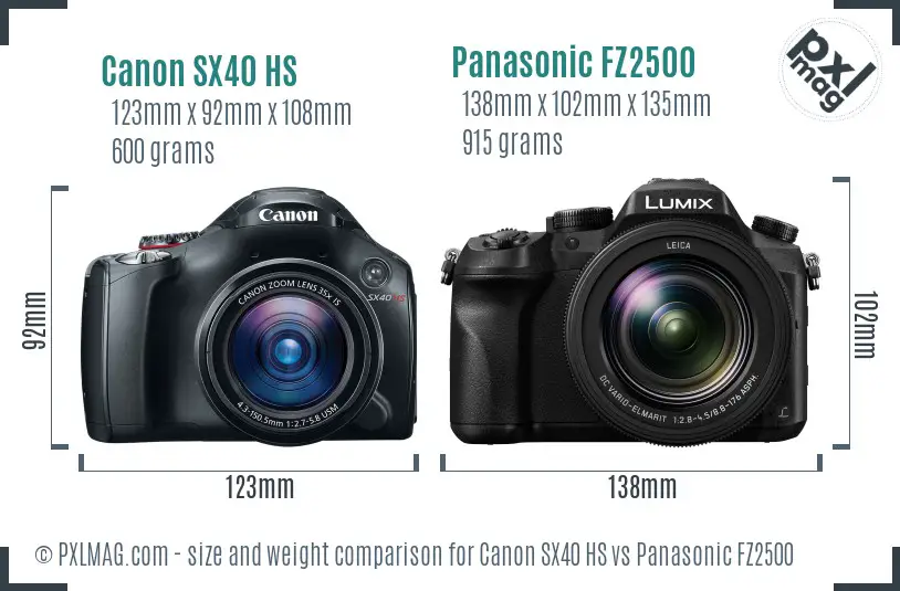 Canon SX40 HS vs Panasonic FZ2500 size comparison