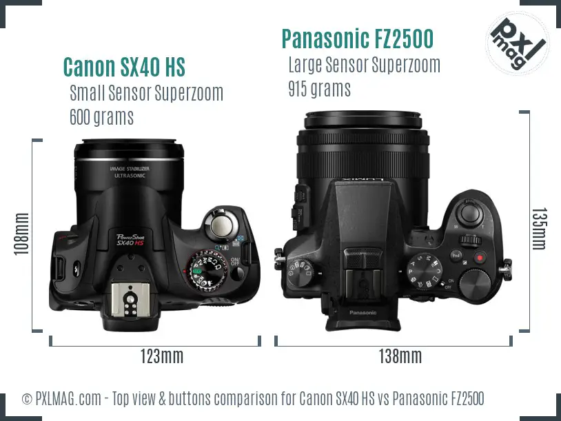 Canon SX40 HS vs Panasonic FZ2500 top view buttons comparison