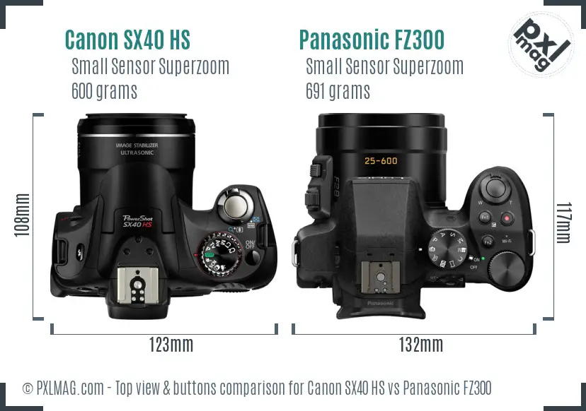 Canon SX40 HS vs Panasonic FZ300 top view buttons comparison
