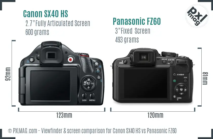 Canon SX40 HS vs Panasonic FZ60 Screen and Viewfinder comparison