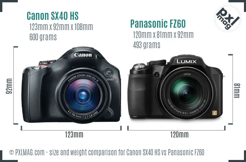 Canon SX40 HS vs Panasonic FZ60 size comparison