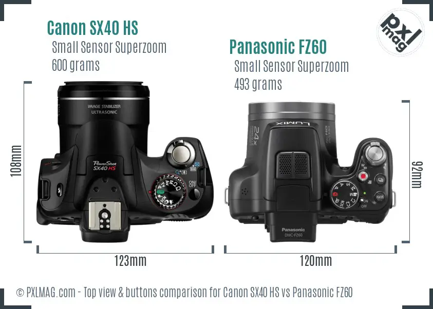 Canon SX40 HS vs Panasonic FZ60 top view buttons comparison