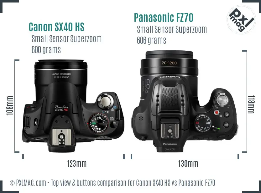 Canon SX40 HS vs Panasonic FZ70 top view buttons comparison Canon SX40 HS vs Panasonic FZ70 top view buttons comparison