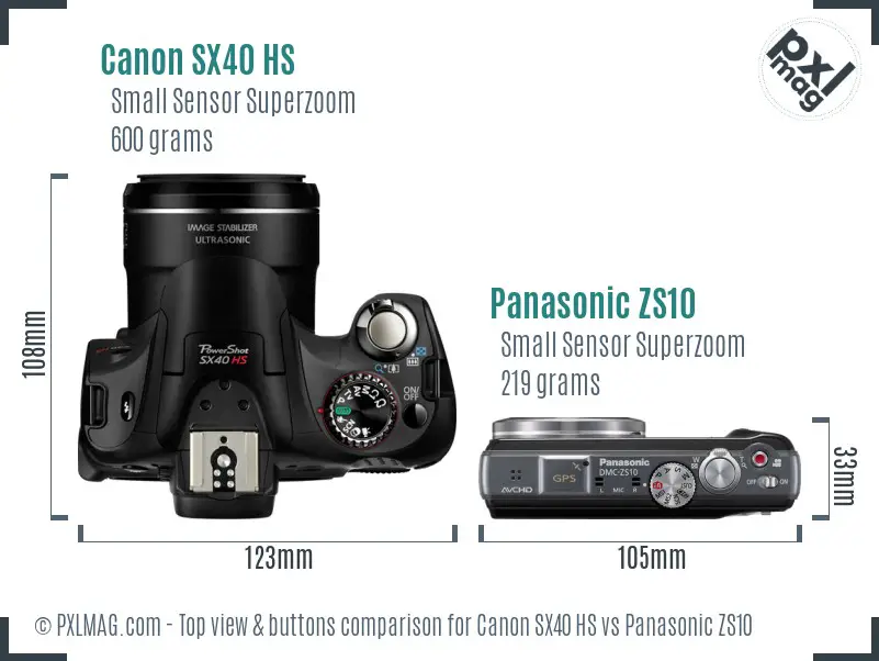 Canon SX40 HS vs Panasonic ZS10 top view buttons comparison