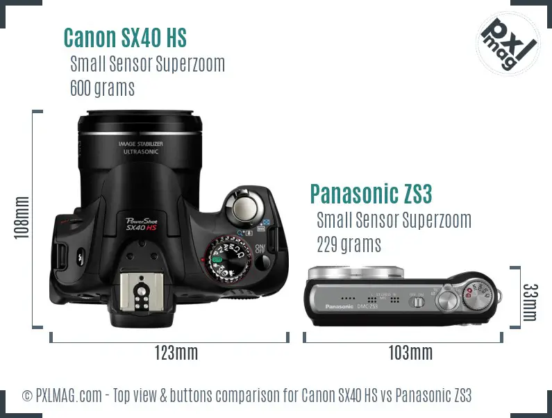 Canon SX40 HS vs Panasonic ZS3 top view buttons comparison