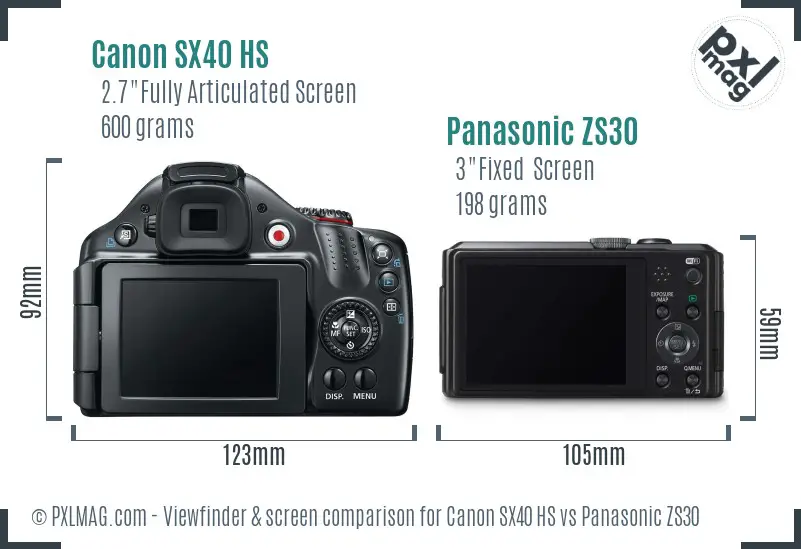 Canon SX40 HS vs Panasonic ZS30 Screen and Viewfinder comparison