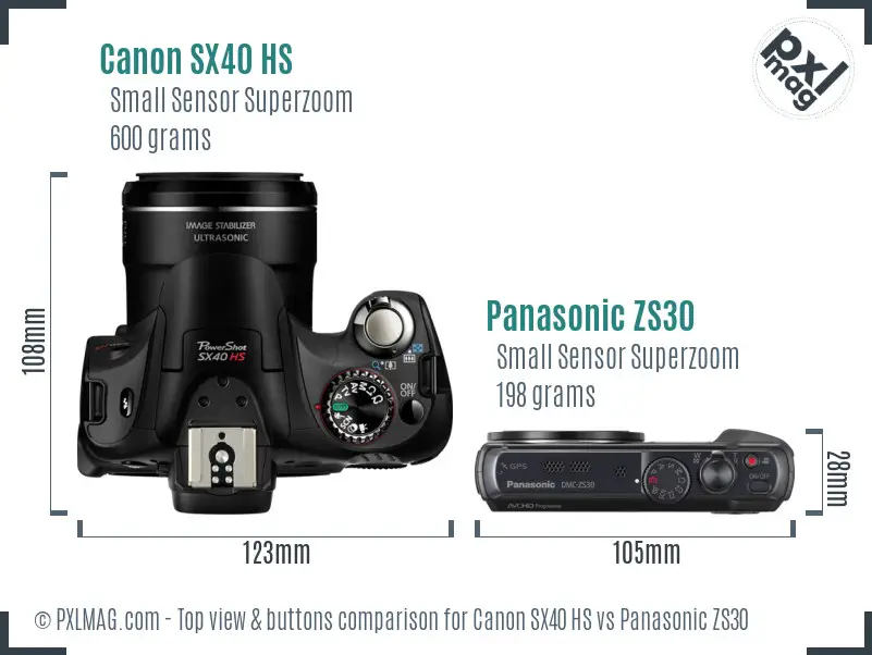 Canon SX40 HS vs Panasonic ZS30 top view buttons comparison